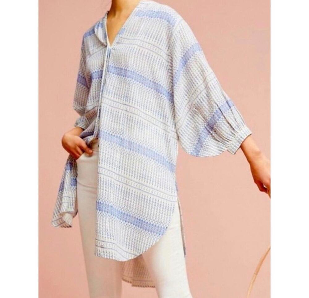 Maeve by Anthropologie Lena Blue and Cream Geometric Print Tunic Top Size Medium